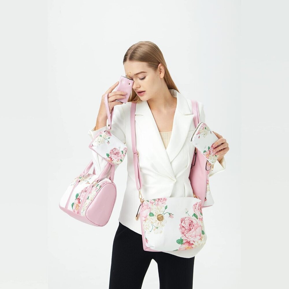 Women's Pink White Faux leather Zipper Simple Top Handle 6pcs Tote Hand Bag - Picture 2 of 6